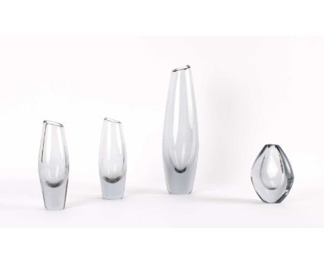 Sven Palmqvist (Swedish 1906-1984) for Orrefors Four 'Smoke' Vases Circa 1950s, comprising a larger and pair of shaped circul