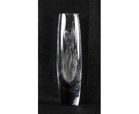 Tall Swedish Art Deco Engraved "Amphora Carrier" Vase Circa 1950s, possibly Strömberg, very pale 'ice' blue glass of oval for