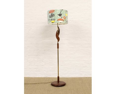 Teak and Metal Standard Lamp with Bespoke Fabric Shade Circa 1970s, bayonet fixture, the shade with printed design in colours