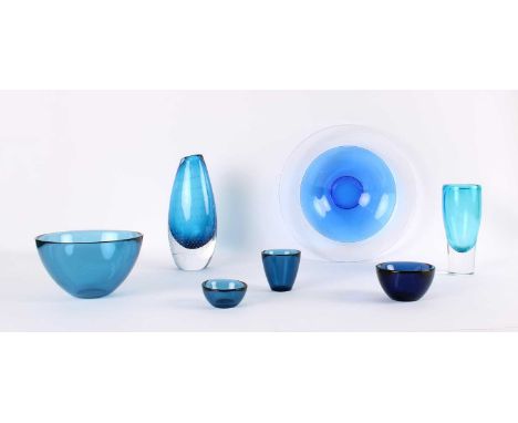 Sven Palmqvist (Swedish 1906-1984) for Orrefors Group of Art Glass 1960s and later, comprising a clear cased 'aqua' vase, sig