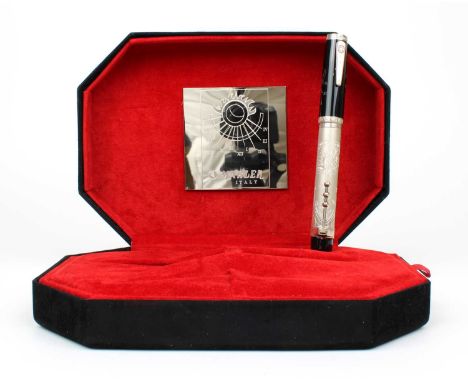 Marlen, Italy "Sundial" Limited Edition Fountain Pen .925 silver mounted with black resin accents, the barrel with adjustable