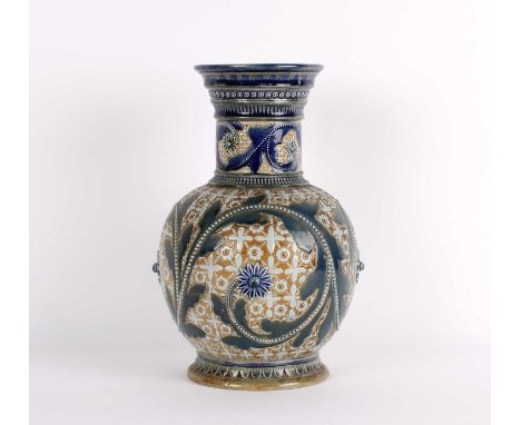Frank Butler for Doulton Lambeth Stoneware Vessel Dated 1876, salt-glazed and bearing profuse enamelled floral decoration inc