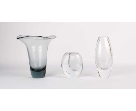 Vicke Lindstrand (Swedish 1904-1983) for Kosta "Smoke Blue" Vase and Two Clear Glasses  Circa 1950s/60s, all signed and vario