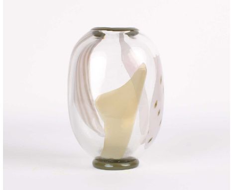 Anna Ehrner (Swedish 1948-) for Kosta Ovoid Vase  Circa 1980s, clear bodied with khaki rim and foot, the body sectioned in mu