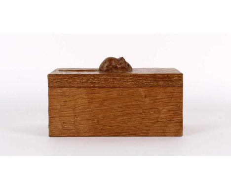 Workshop of Robert "Mouseman" Thompson, Kilburn Adzed Oak Rectangular Box Circa 1950s/60s, the cover with carved signature mo