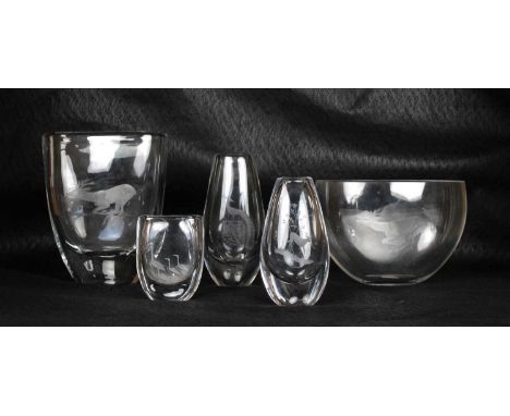 Vicke Lindstrand (Swedish 1904-1983) for Kosta Three Engraved Vases and Another Late 1950s, including two "Escaped" vases of 