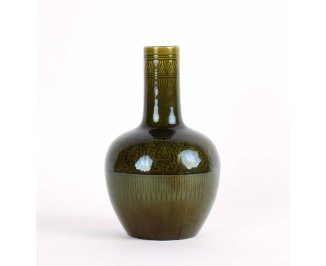 Christopher Dresser for Linthorpe, Middlesbrough Art Pottery Bottle Vase Circa 1880, shape no. 200, green glazed earthenware 