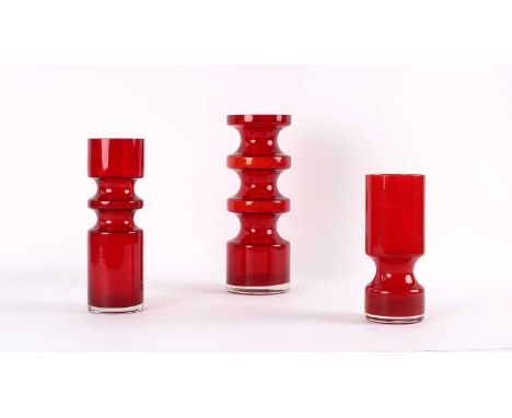 Per Olof Ström for Alsterfors Two 'Hooped' Vases and Another Circa 1970, both in 'ruby' colourway, the third and smallest lik