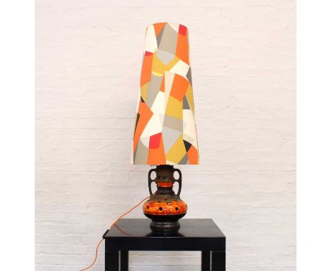 Walter Gerhards, West Germany Large "Fat Lava" Pottery Lamp Circa 1970s, twin-handled with pierced detail and volcanic glaze,