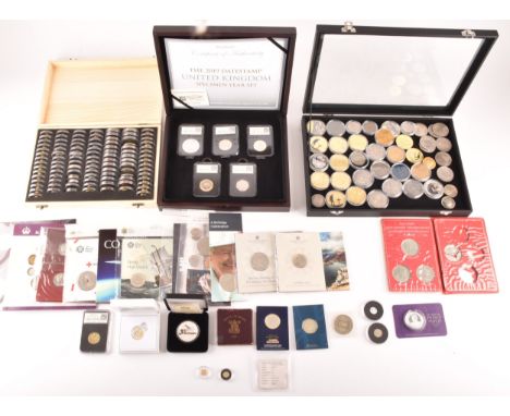 A collection of assorted circulated coins, GB and world coins, including some silver examples and some gold plated examples, 