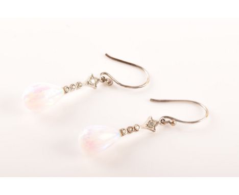 A pair of 9ct white gold synthetic opal and diamond earrings silver drop earrings, drop measures approximately 2.3 cm. Condit