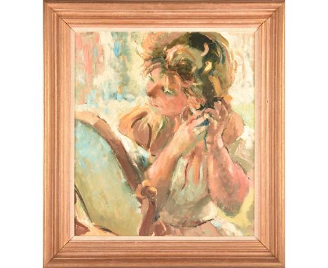 Sherree Valentine-Daines (British, born 1956) 'Caroline', a portrait of a young woman looking in a mirror as she styles her h