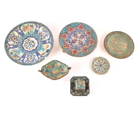 A collection of decorative items, including a French Longwy cloisonné&nbsp;enamel tray and stand, a small plate, candle holde