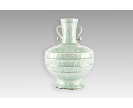 A large Chinese Republic Period celadon glazed 'Longevity' vase, featuring rows of various shou&nbsp;(longevity) characters,&