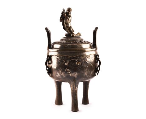 A Japanese Meiji period large bronze and silver inlaid koro and cover, the body of the koro inlaid with scenes of birds amids