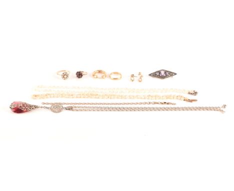 A group of 9ct yellow gold jewellery, including a garnet ring, a tri-colour wedding band, a pearl coronet cluster ring, a sin