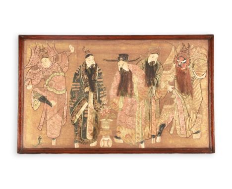 A 19th century Chinese silkwork tapestry depicting five elders, stood in various poses wearing elaborate robes and Manchu pla