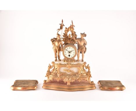 A late 19th century French mantle clock, in a spelter case with ornate decoration, alabaster panels, flanked by two figures i