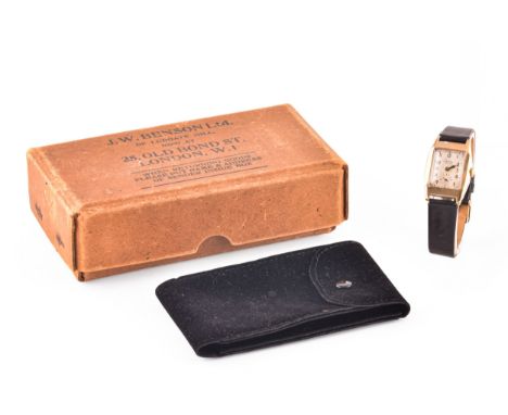 A 1933 9ct yellow gold Benson Watch, 25mm case, on black leather strap, accompanied by original presentation box.  Condition 