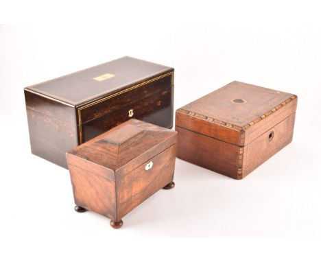 Victorian&nbsp;coromandel tea caddy by Lund, Cornhill London, together with a Regency rosewood tea caddy, and a Victorian wor