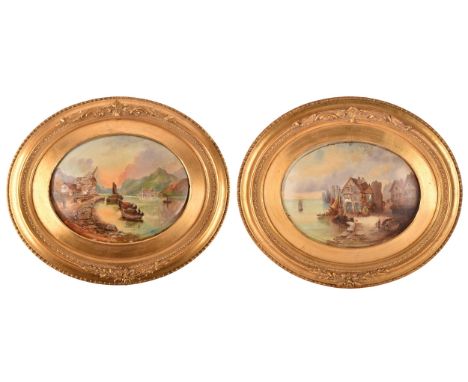 A pair of Victorian oval convex paintings, oil on tin with mother of pearl inlay, both depicting coastal village scenes, moun