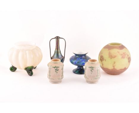 A collection of glass including a Loetz style iridescent glass lobed bowl, a Galle style etched glass globular vase signed Ke