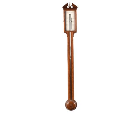 A 19th century mahogany stick barometer, with silvered plate signed Maugham Beverly, the mahogany case with inlaid stringing,
