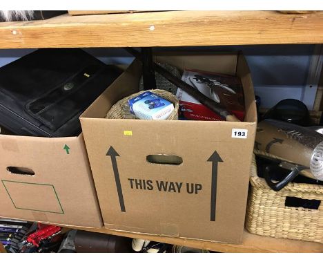Three boxes of miscellaneous, glassware, Austrian long pipe, lever action corkscrew etc.