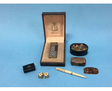 Bag of assorted including bone dice, Dunhill lighter etc.