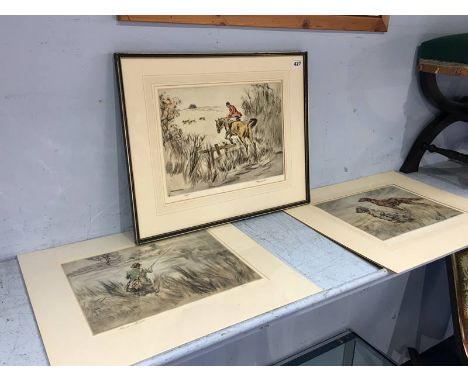 Henry Wilkinson, (1878-1971), etching, limited edition, 57/100, 91/150 and 59/150, signed in pencil, 'Fishing' and 'Hunting',