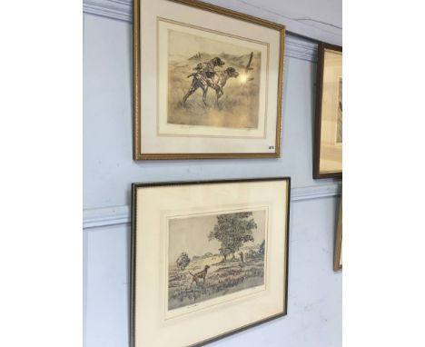 Henry Wilkinson, (1878-1971), etching, limited edition, 61/200 and 79/100, signed in pencil, 'Dogs hunting', 29x39cm and 28x3