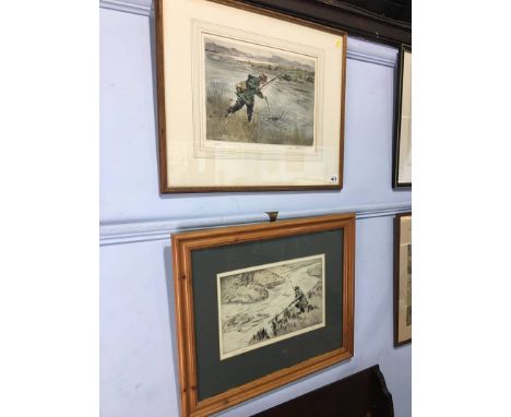 Henry Wilkinson, (1878-1971), etching, limited edition, 133/150 and 8/45, signed in pencil, 'Salmon fishing', 28x36cm and 23x