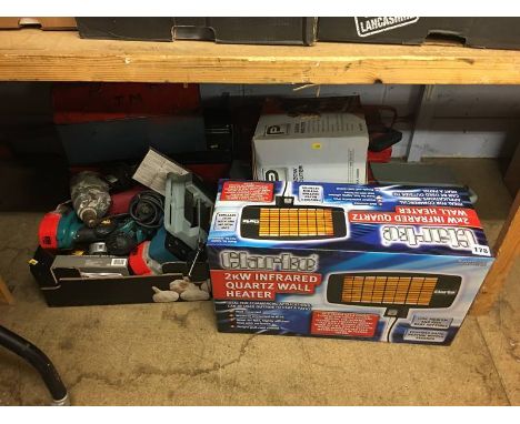 A selection of tools, metal toolboxes and a 'Clarke' wall heater 