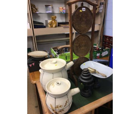 Pair of scales, cake stand etc.