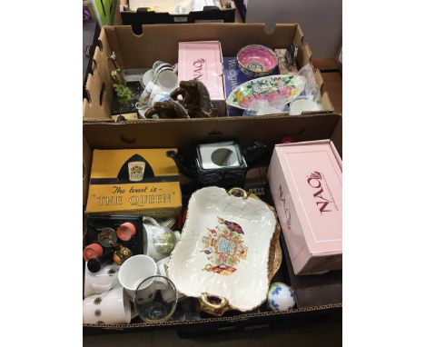 Two boxes of miscellaneous, including Susie Cooper tea set, Maling, Nao figurine