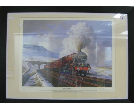 A Wooden Framed Outline Steam Locomotive Print 'The Royal Scot', from a painting by Malcolm Root (graphite signed), LMS Railw