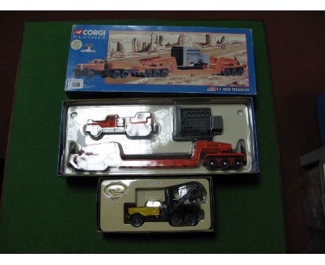 Two 1/50th Scale diecast Model Diamond T Trucks By Corgi, # 55301 T980 with low loader and generator #55605 wrecker, Blackpoo
