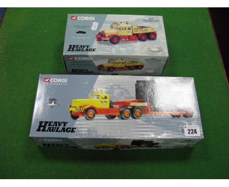 Two 1/50th Scale Diecast Model Trucks By Corgi, #55501 Diamond T low loader, Elliots of York and #17905 Scammel Contractor, p