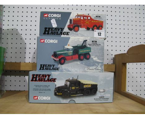 Three 1/50th Scale Diecast Model Trucks By Corgi, #cc12301 Scammel contractor, united heavy transport, #55603 Diamond T wreck