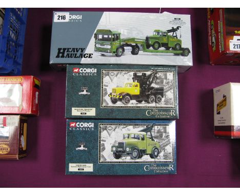 Three 1/50th Scale Diecast Model Trucks By Corgi, Two Scammel and one Diamond T breakdown truck, includes # 31003 A.E.C low l