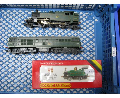 Three "OO" Gauge Locomotives, by Hornby, Triang, Hornby # R077 0-4-0 Tank Locomotive R/No. 101 Great Western green, boxed, st