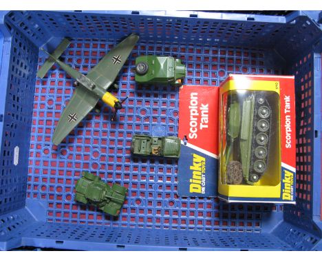 Dinky Toys No. 690 Scorpion Tank, boxed. Plus unboxed Dinky Stuka, Armoured Car, Field Artillery Tractor, Austin Champ. All g