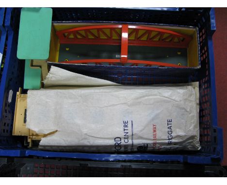 Hornby Dublo Signal Box, hard to find green roof version, metal girder bridge and parts of a plastic engine shed. Some wear t