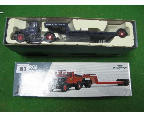 Two 1/50th Scale Diecast Model Trucks By Corgi, #16701 Scammel Artic with Low Loader, Wrekin and #16901 Scammell highwayman B