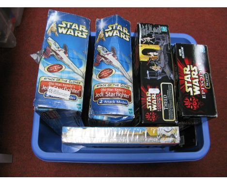 Two Boxed Hasbro Star Wars, 'Attack of the Clones' Plastic OBi-Wan Kenobi's Jedi Star Fighters. A boxed Hasbro Stars Wars Epi