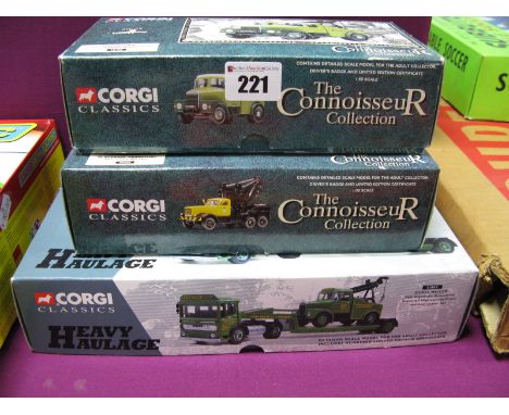 Three 1/50th Scale Diecast Model Trucks By Corgi, Two Scammel and one Diamond T breakdown truck, includes #31003 A.E.C low lo