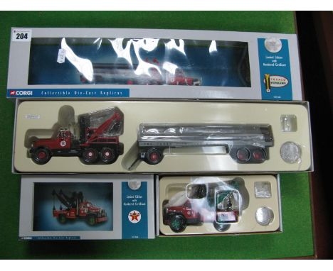 Two U.S Outline 1/50th Scale Diecast Model Trucks By Corgi, # 53208 B series Mack Wrecker, Texaco and # 55610 Diamond T Wreck