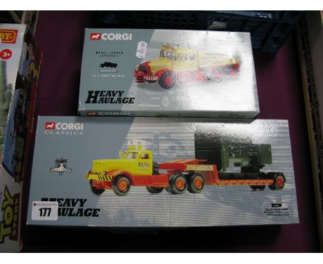 Two 1/50th Scale Diecast Model Trucks By Corgi, #55501 Diamond T low loader, Elliots of York and #17905 Scammel Contractor, p