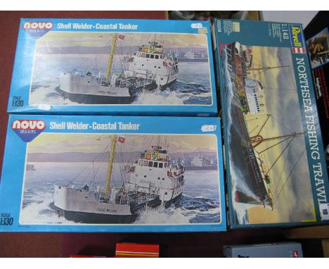 Three Boxed Plastic Model Trawler Kits, comprising of Revell # 05204 1/42nd Scale North Sea Fishing Trawler, Novo Sea Kits # 