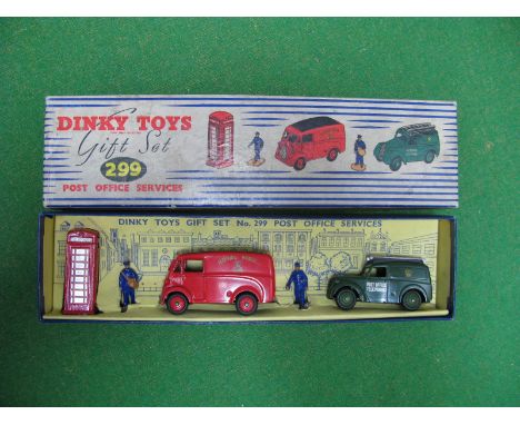 Dinky Toys Gift Set No 299 'Post Office Services', comprising telephone box, post man, telegram boy, Royal Mail Van and Post 